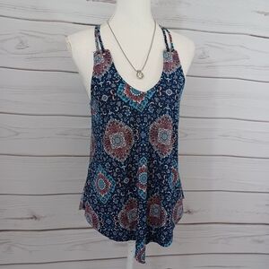 Agenda Bohemian Print Blue Lightweight Asymmetrical Sleeveless Shirt Halter Top